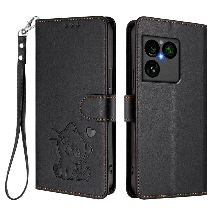 For Sony Xperia 1 VIII Embossed Heart Cat Leather Phone Case with Hand Strap