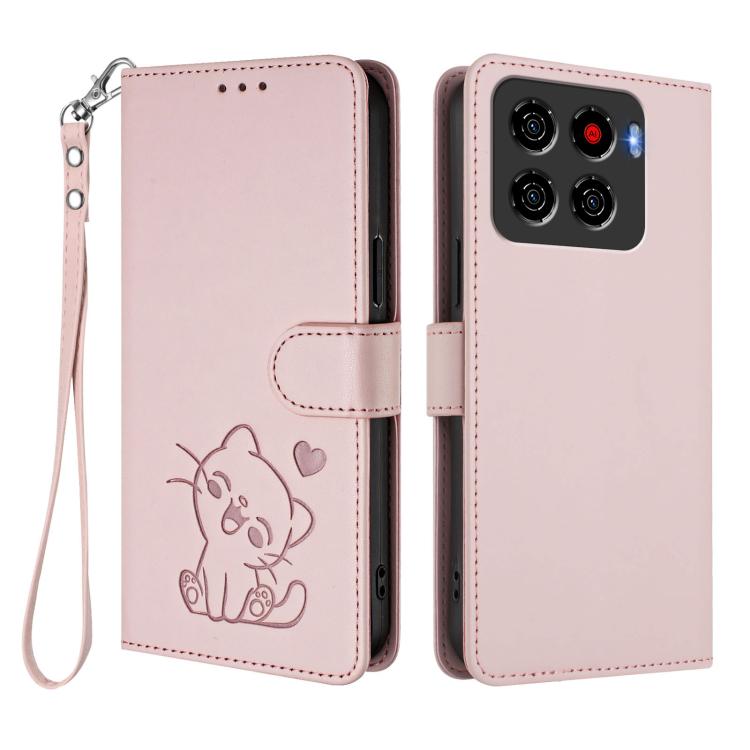 For ZTE Blade A56 Pro Embossed Heart Cat Leather Phone Case with Hand Strap