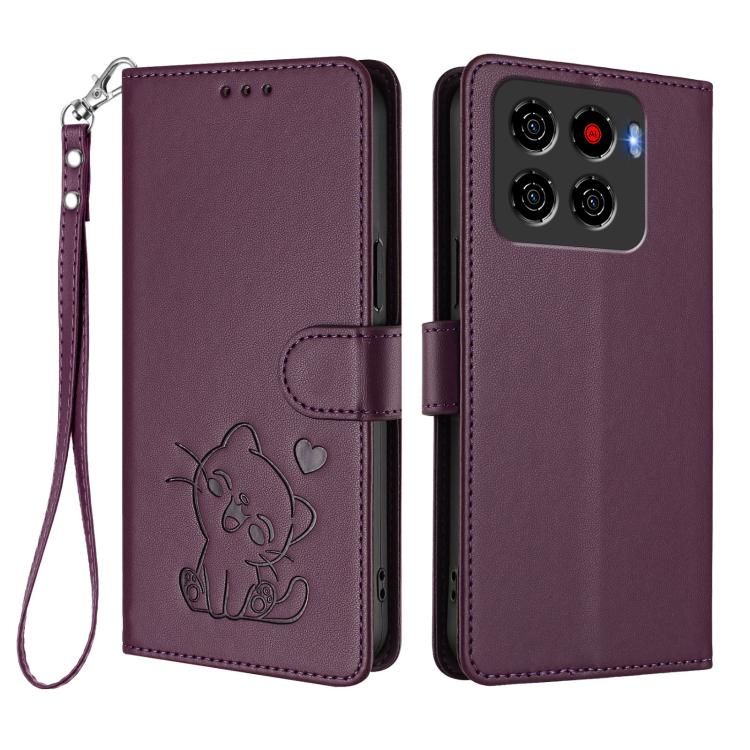 For ZTE Blade A56 Pro Embossed Heart Cat Leather Phone Case with Hand Strap