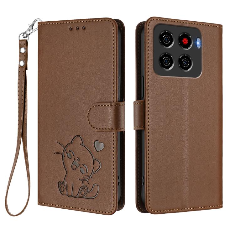 For ZTE Blade A56 Pro Embossed Heart Cat Leather Phone Case with Hand Strap