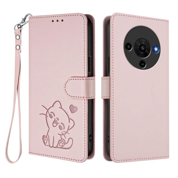 For ZTE Blade A76 5G Embossed Heart Cat Leather Phone Case with Hand Strap