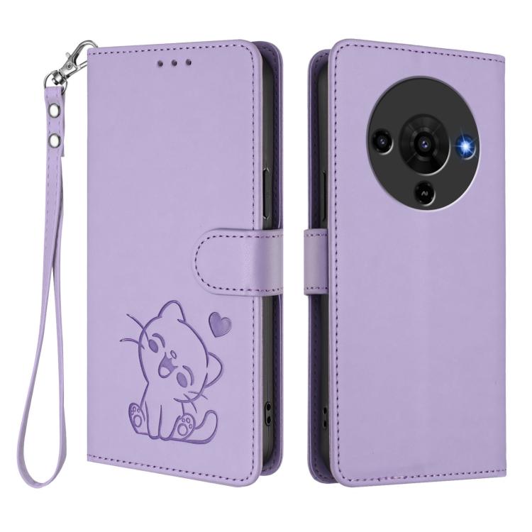 For ZTE Blade A76 5G Embossed Heart Cat Leather Phone Case with Hand Strap