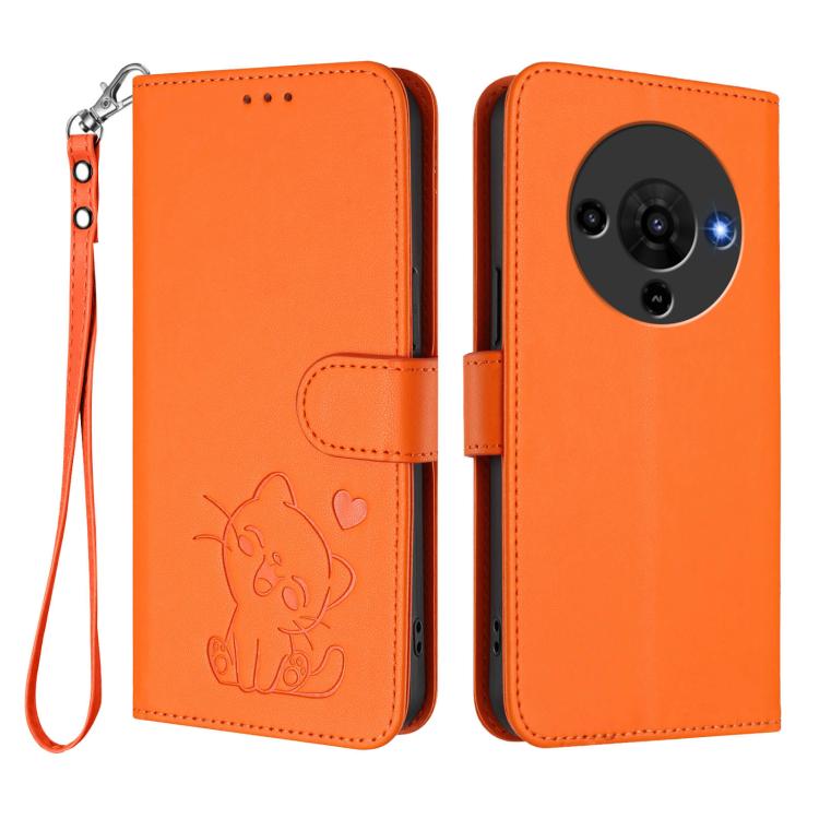 For ZTE Blade A76 5G Embossed Heart Cat Leather Phone Case with Hand Strap