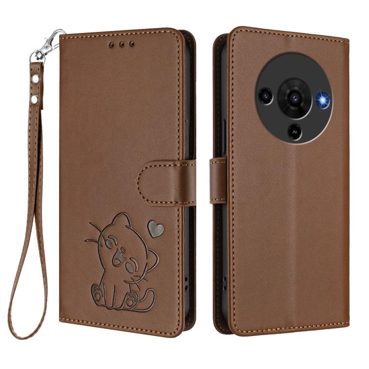 For ZTE Blade A76 5G Embossed Heart Cat Leather Phone Case with Hand Strap