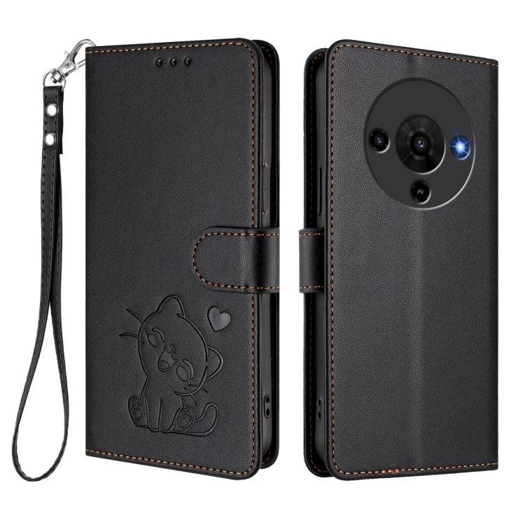 For ZTE Blade A76 5G Embossed Heart Cat Leather Phone Case with Hand Strap