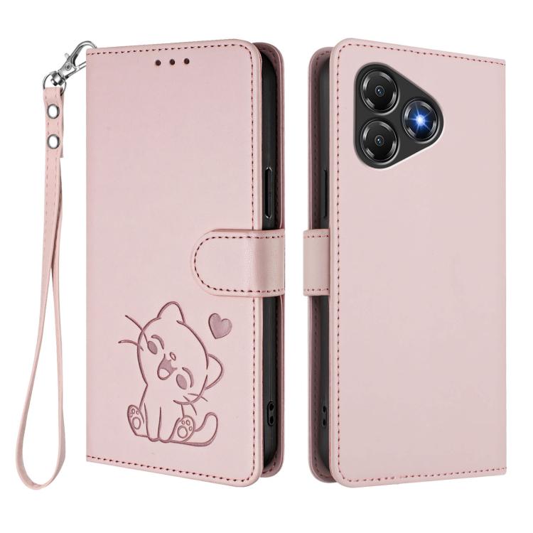 For ZTE Blade A36 4G Embossed Heart Cat Leather Phone Case with Hand Strap