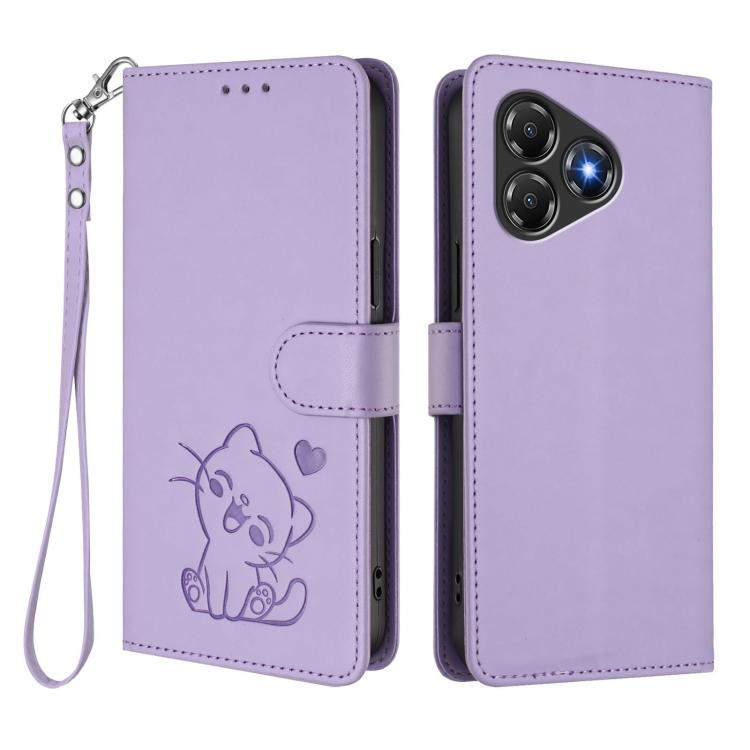 For ZTE Blade A36 4G Embossed Heart Cat Leather Phone Case with Hand Strap