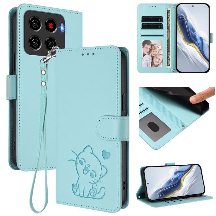 For ZTE Blade A56 4G Embossed Heart Cat Leather Phone Case with Hand Strap