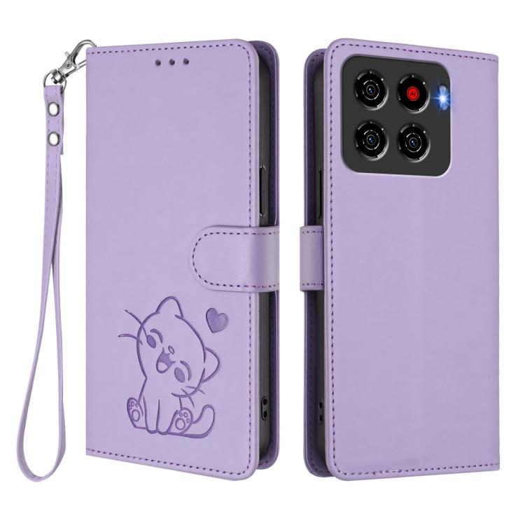 For ZTE Blade A56 4G Embossed Heart Cat Leather Phone Case with Hand Strap
