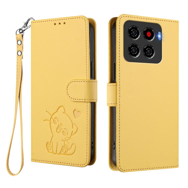 For ZTE Blade A56 4G Embossed Heart Cat Leather Phone Case with Hand Strap