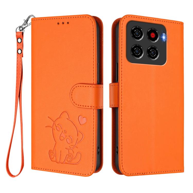 For ZTE Blade A56 4G Embossed Heart Cat Leather Phone Case with Hand Strap