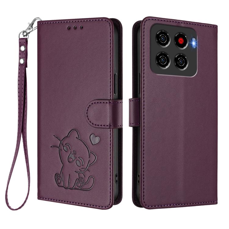 For ZTE Blade A56 4G Embossed Heart Cat Leather Phone Case with Hand Strap