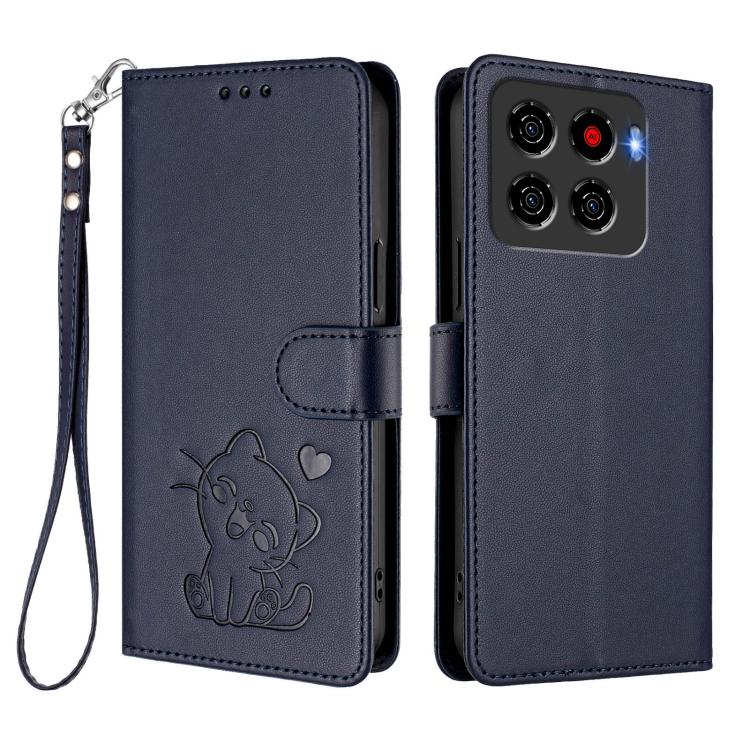 For ZTE Blade A56 4G Embossed Heart Cat Leather Phone Case with Hand Strap