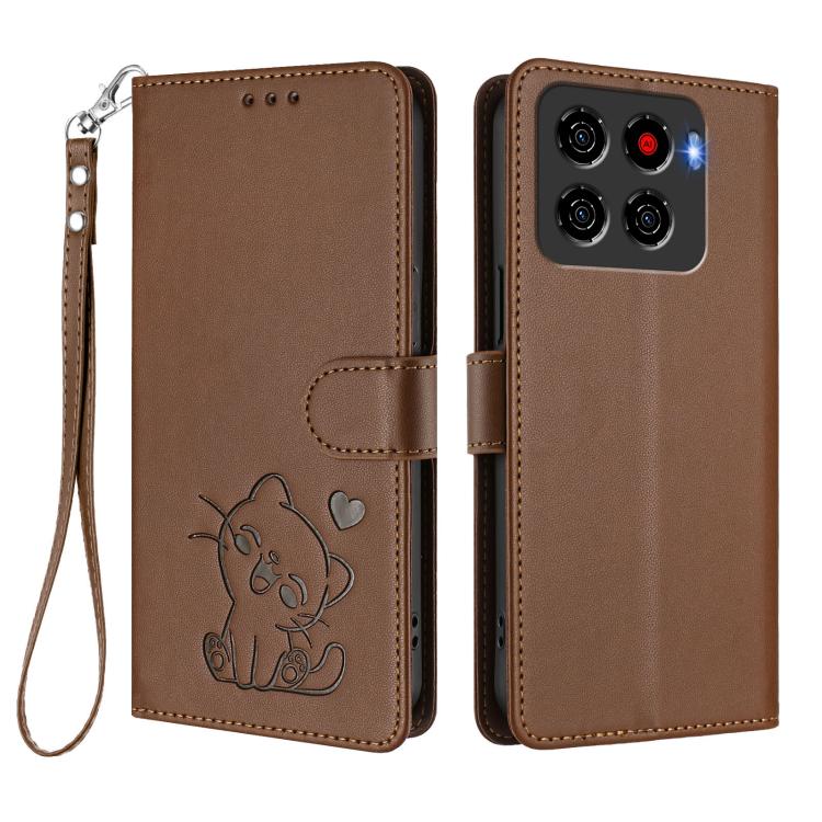 For ZTE Blade A56 4G Embossed Heart Cat Leather Phone Case with Hand Strap