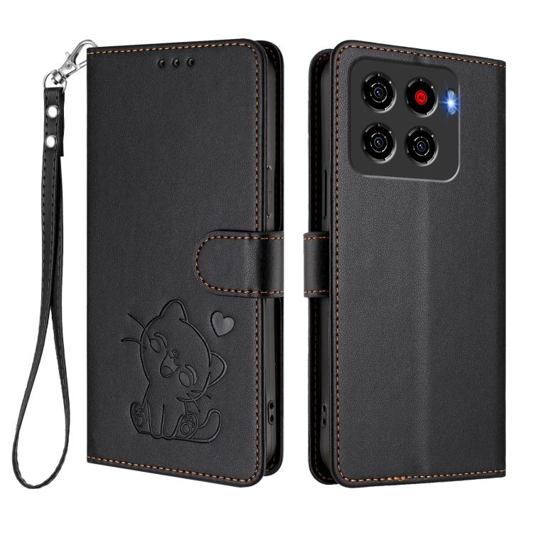 For ZTE Blade A56 4G Embossed Heart Cat Leather Phone Case with Hand Strap