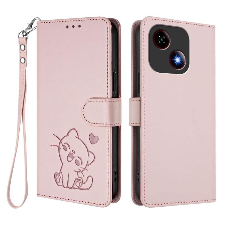 For ZTE Blade A35e Embossed Heart Cat Leather Phone Case with Hand Strap