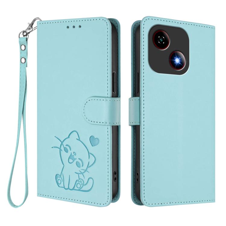 For ZTE Blade A35e Embossed Heart Cat Leather Phone Case with Hand Strap