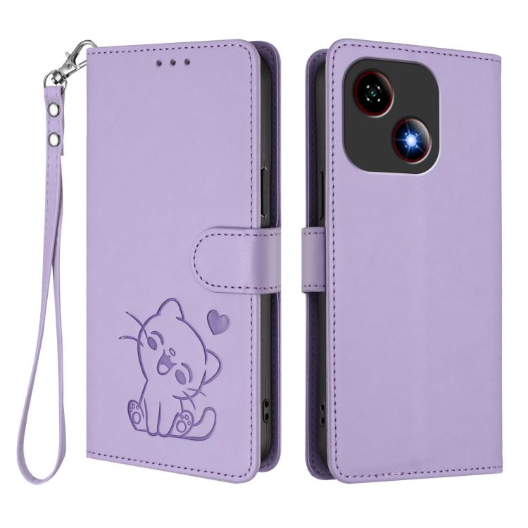 For ZTE Blade A35e Embossed Heart Cat Leather Phone Case with Hand Strap