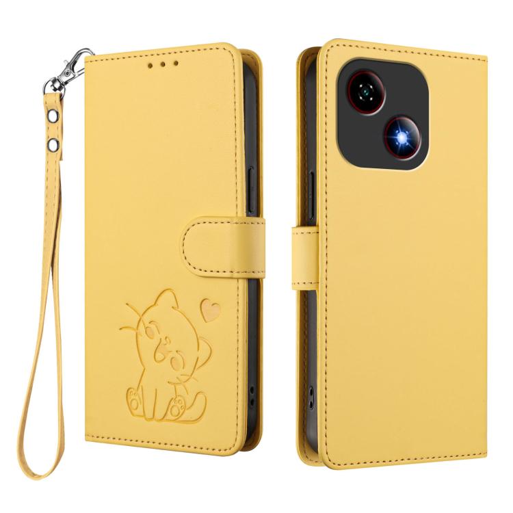 For ZTE Blade A35e Embossed Heart Cat Leather Phone Case with Hand Strap