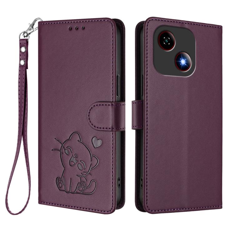 For ZTE Blade A35e Embossed Heart Cat Leather Phone Case with Hand Strap