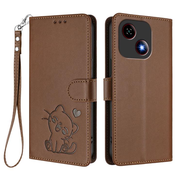 For ZTE Blade A35e Embossed Heart Cat Leather Phone Case with Hand Strap