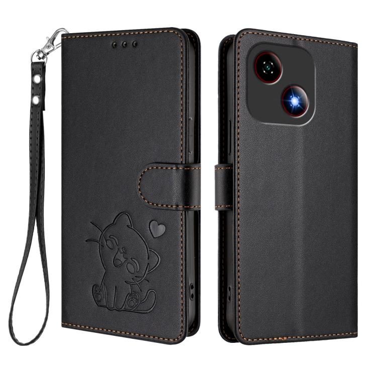 For ZTE Blade A35e Embossed Heart Cat Leather Phone Case with Hand Strap