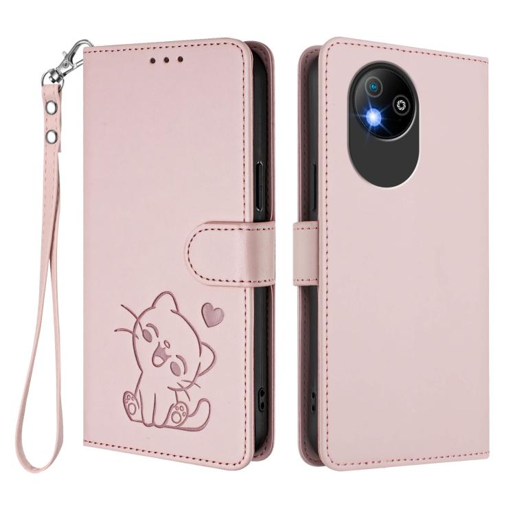 For ZTE Blade A35 Lite / A35 Core Embossed Heart Cat Leather Phone Case with Hand Strap