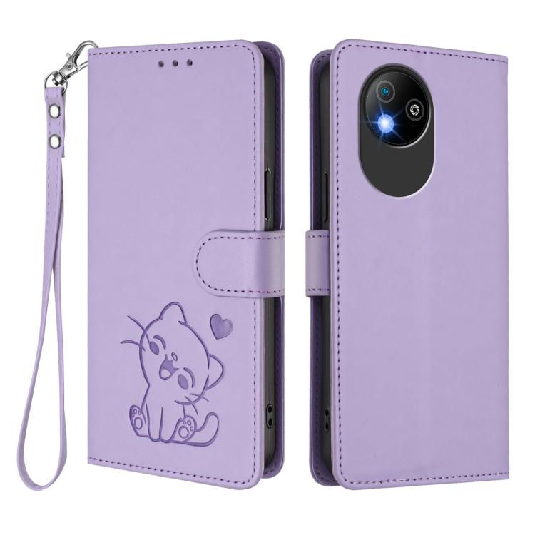 For ZTE Blade A35 Lite / A35 Core Embossed Heart Cat Leather Phone Case with Hand Strap