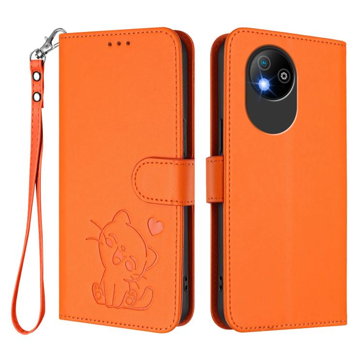 For ZTE Blade A35 Lite / A35 Core Embossed Heart Cat Leather Phone Case with Hand Strap