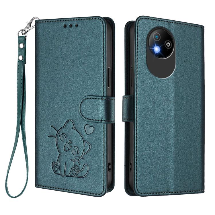 For ZTE Blade A35 Lite / A35 Core Embossed Heart Cat Leather Phone Case with Hand Strap
