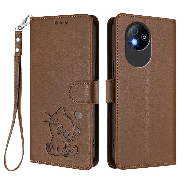 For ZTE Blade A35 Lite / A35 Core Embossed Heart Cat Leather Phone Case with Hand Strap