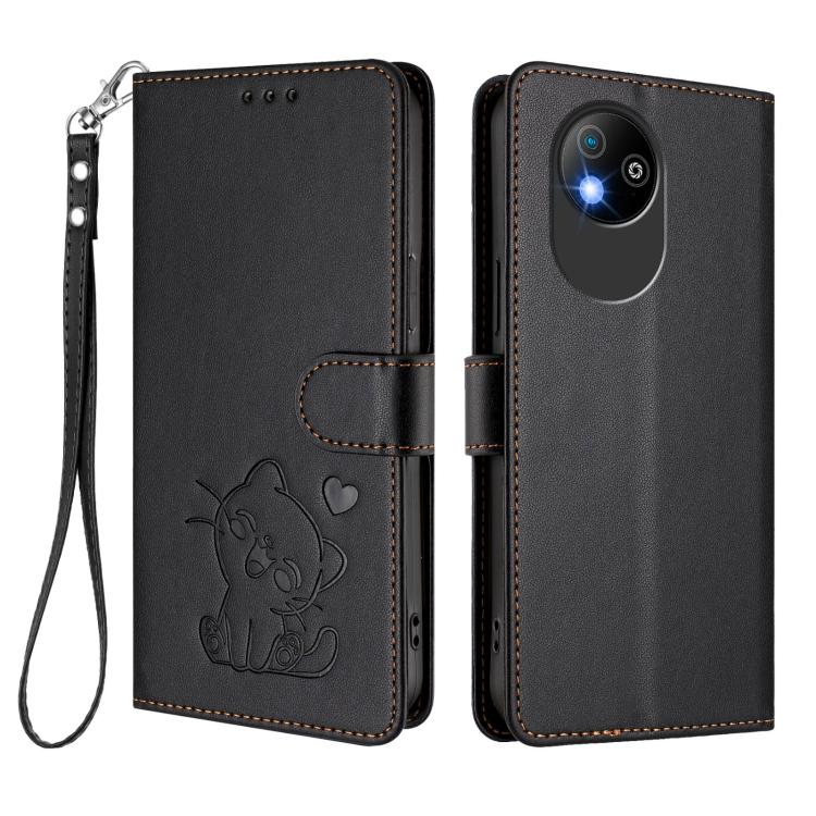 For ZTE Blade A35 Lite / A35 Core Embossed Heart Cat Leather Phone Case with Hand Strap