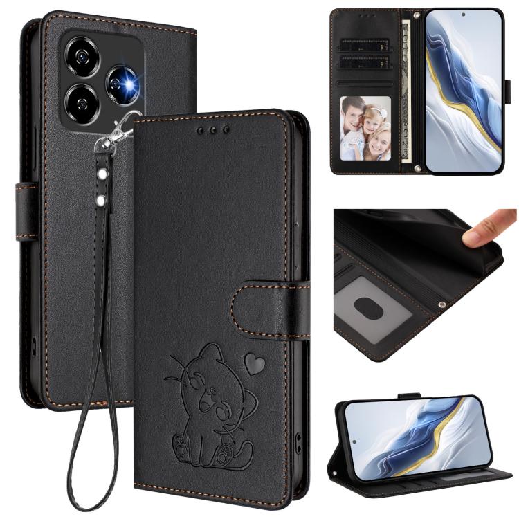 For ZTE Blade V60 Vita / V60 Design Embossed Heart Cat Leather Phone Case with Hand Strap