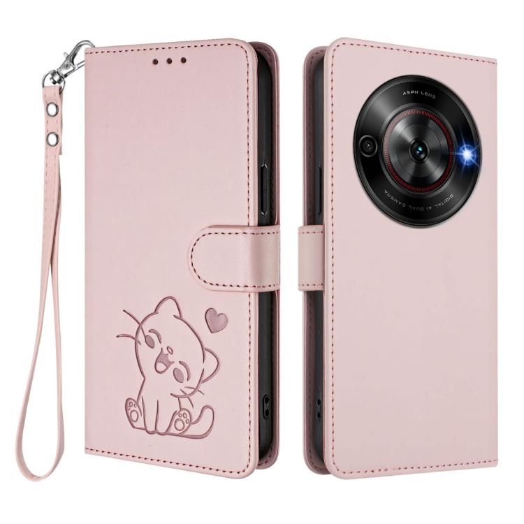 For ZTE Blade A75 5G / nubia Focus 5G Embossed Heart Cat Leather Phone Case with Hand Strap