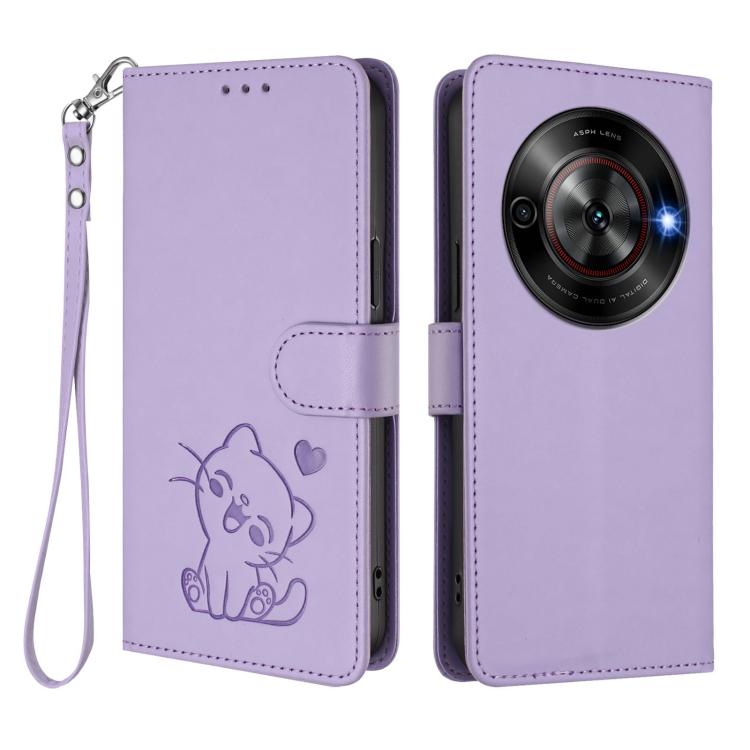 For ZTE Blade A75 5G / nubia Focus 5G Embossed Heart Cat Leather Phone Case with Hand Strap