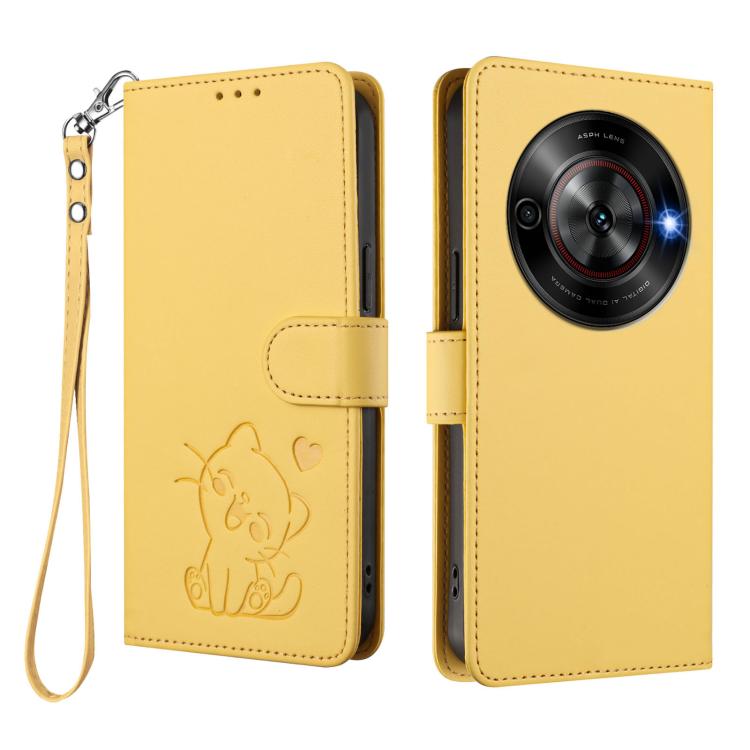 For ZTE Blade A75 5G / nubia Focus 5G Embossed Heart Cat Leather Phone Case with Hand Strap
