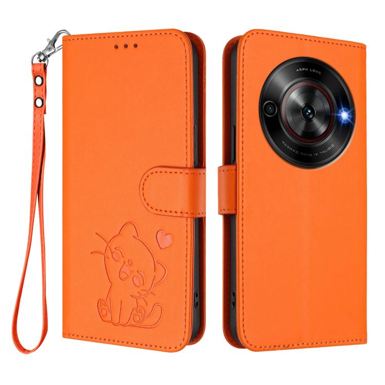 For ZTE Blade A75 5G / nubia Focus 5G Embossed Heart Cat Leather Phone Case with Hand Strap