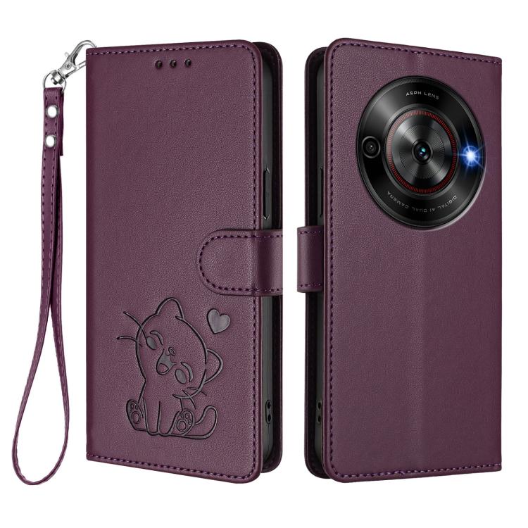 For ZTE Blade A75 5G / nubia Focus 5G Embossed Heart Cat Leather Phone Case with Hand Strap
