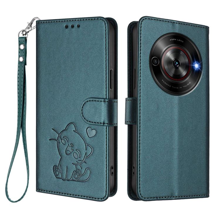 For ZTE Blade A75 5G / nubia Focus 5G Embossed Heart Cat Leather Phone Case with Hand Strap