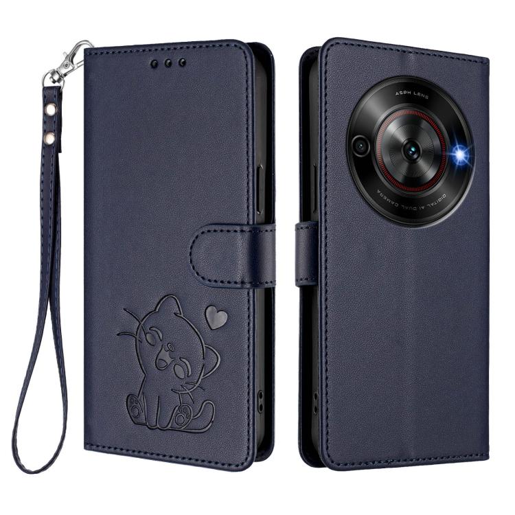 For ZTE Blade A75 5G / nubia Focus 5G Embossed Heart Cat Leather Phone Case with Hand Strap
