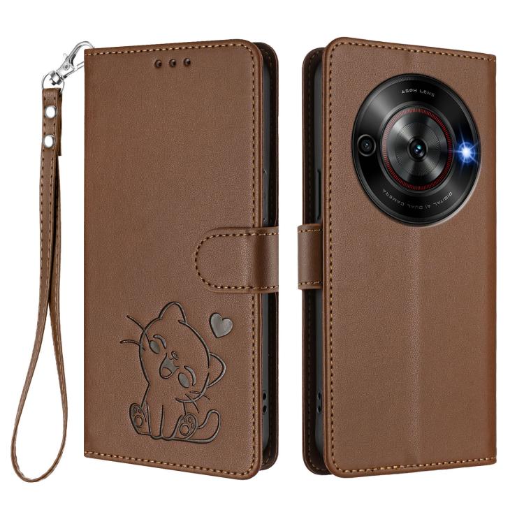 For ZTE Blade A75 5G / nubia Focus 5G Embossed Heart Cat Leather Phone Case with Hand Strap