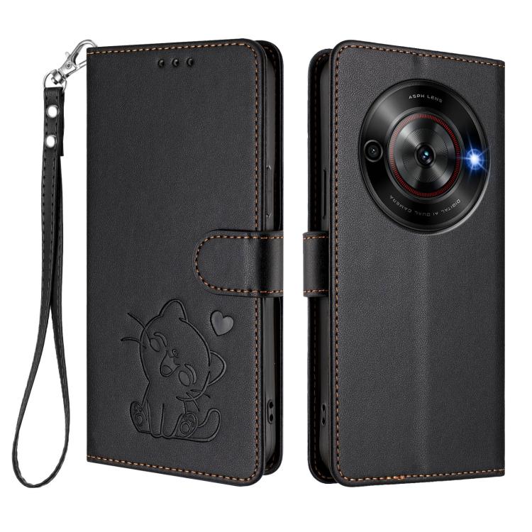 For ZTE Blade A75 5G / nubia Focus 5G Embossed Heart Cat Leather Phone Case with Hand Strap