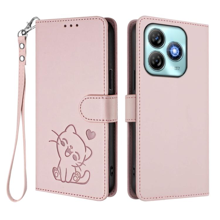 For ZTE Blade A75 4G Embossed Heart Cat Leather Phone Case with Hand Strap