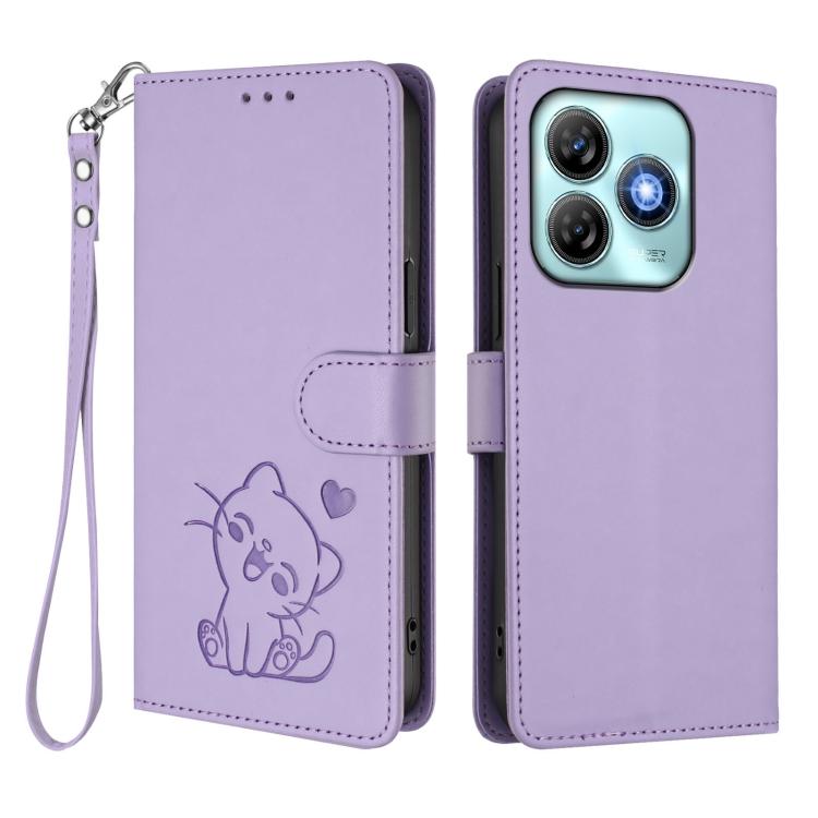 For ZTE Blade A75 4G Embossed Heart Cat Leather Phone Case with Hand Strap