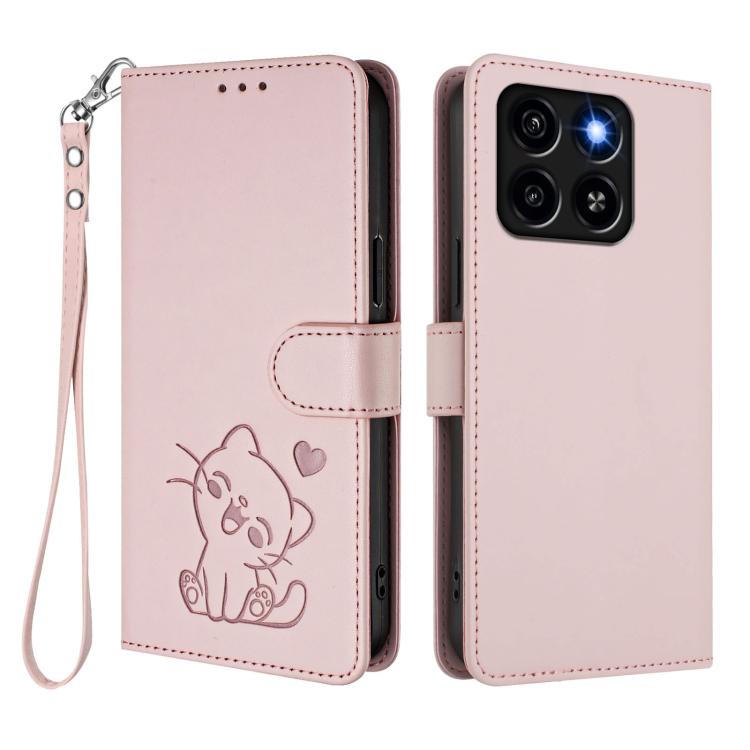 For ZTE Blade A35 / A55 Embossed Heart Cat Leather Phone Case with Hand Strap