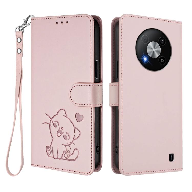 For ZTE Blade A73 5G Embossed Heart Cat Leather Phone Case with Hand Strap