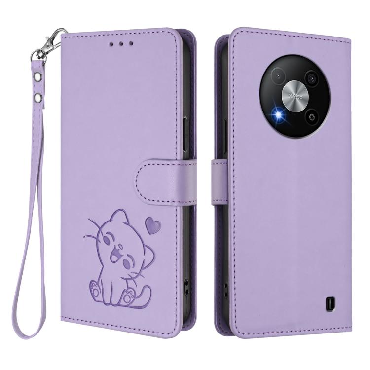 For ZTE Blade A73 5G Embossed Heart Cat Leather Phone Case with Hand Strap