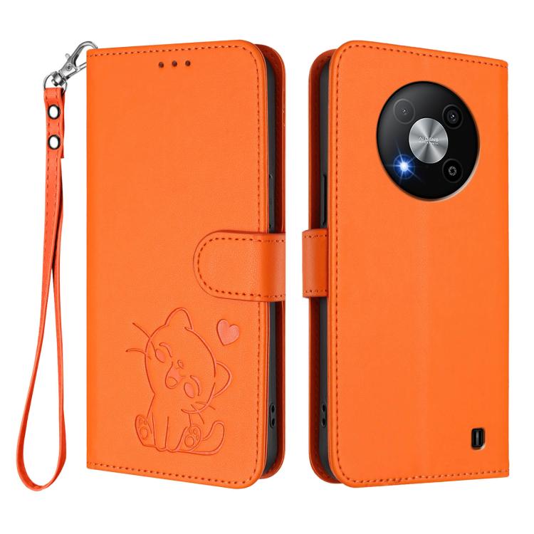 For ZTE Blade A73 5G Embossed Heart Cat Leather Phone Case with Hand Strap
