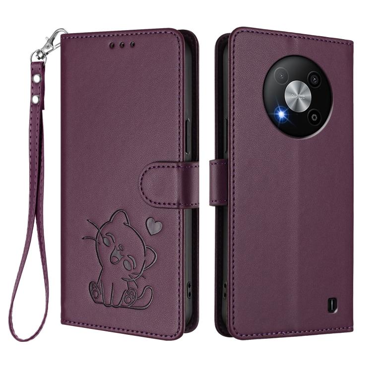 For ZTE Blade A73 5G Embossed Heart Cat Leather Phone Case with Hand Strap