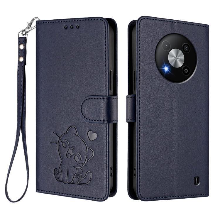 For ZTE Blade A73 5G Embossed Heart Cat Leather Phone Case with Hand Strap